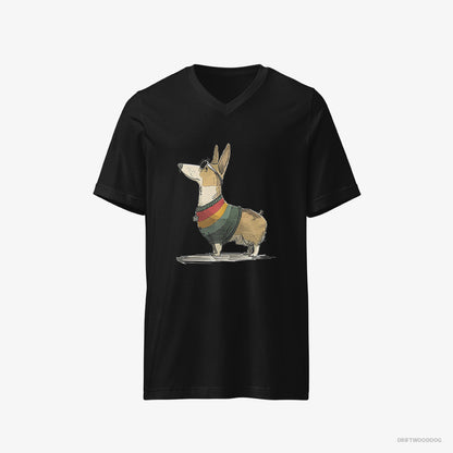 Corgi T-Shirt – Men Black T-Shirt V-Neck – Dressed in Rainbow-themed Outfit (on White Background)