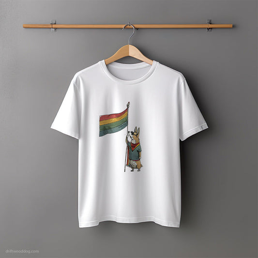 Corgi Holding Pride Flag T-Shirt – Unisex Tee for Dog Lovers