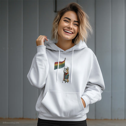 Corgi Holding Pride Flag Hoodie – Dog Graphic Hoodie for Women