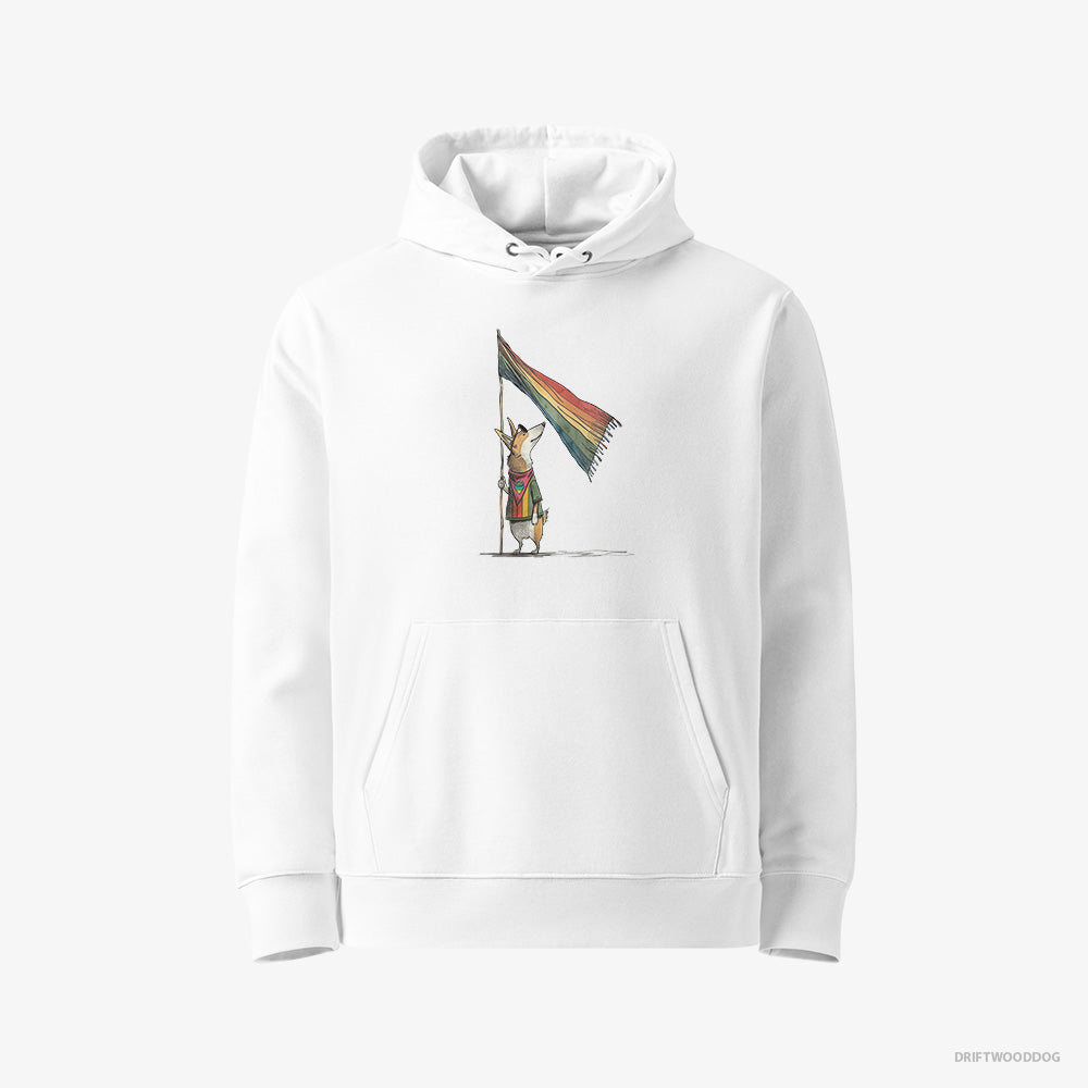 Corgi Hoodie – Women White Hoodie Eco-Friendly – with an LGBTQ+ Flag (on White Background)