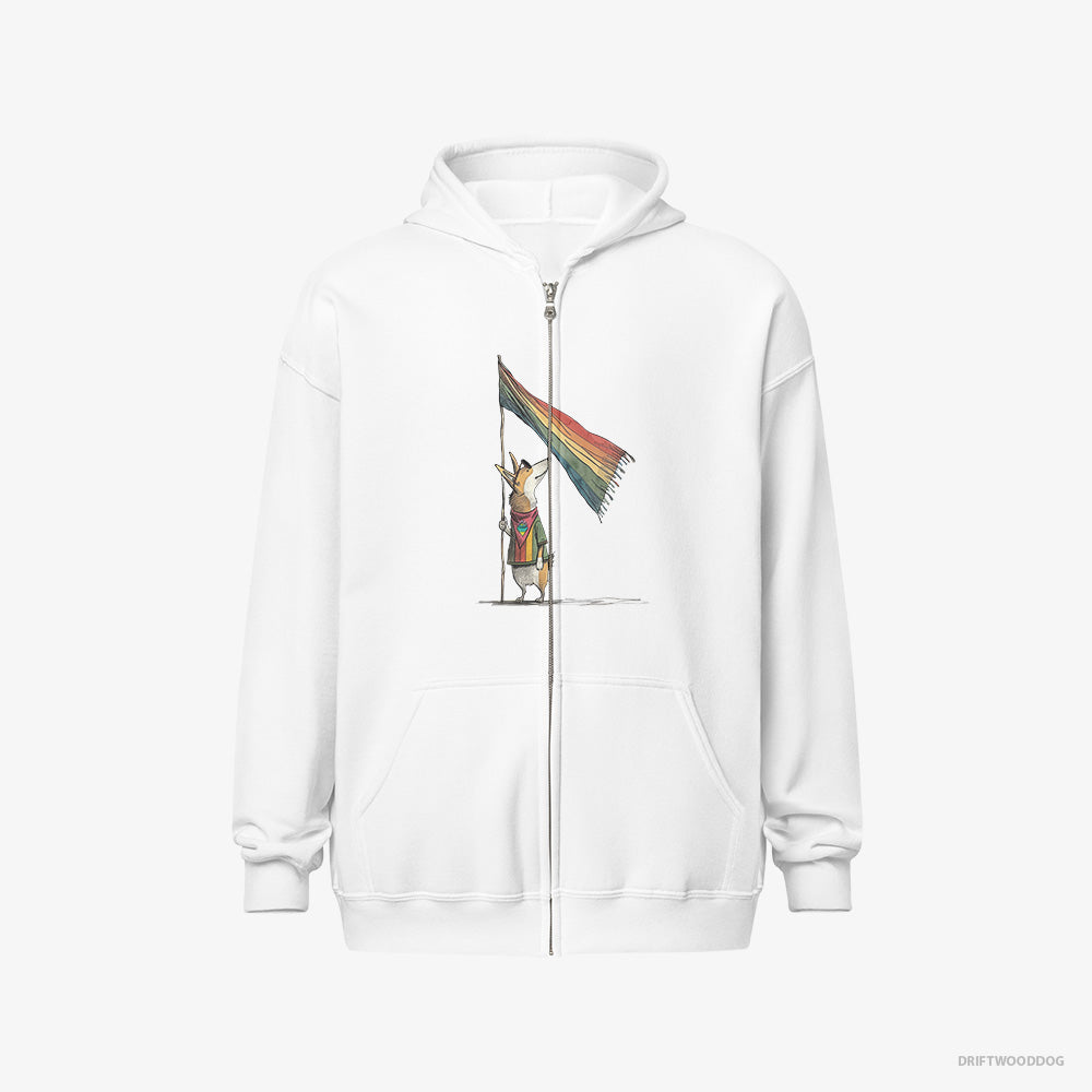 Corgi Hoodie – Men White Hoodie Full-Zip – with an LGBTQ+ Flag (on White Background)