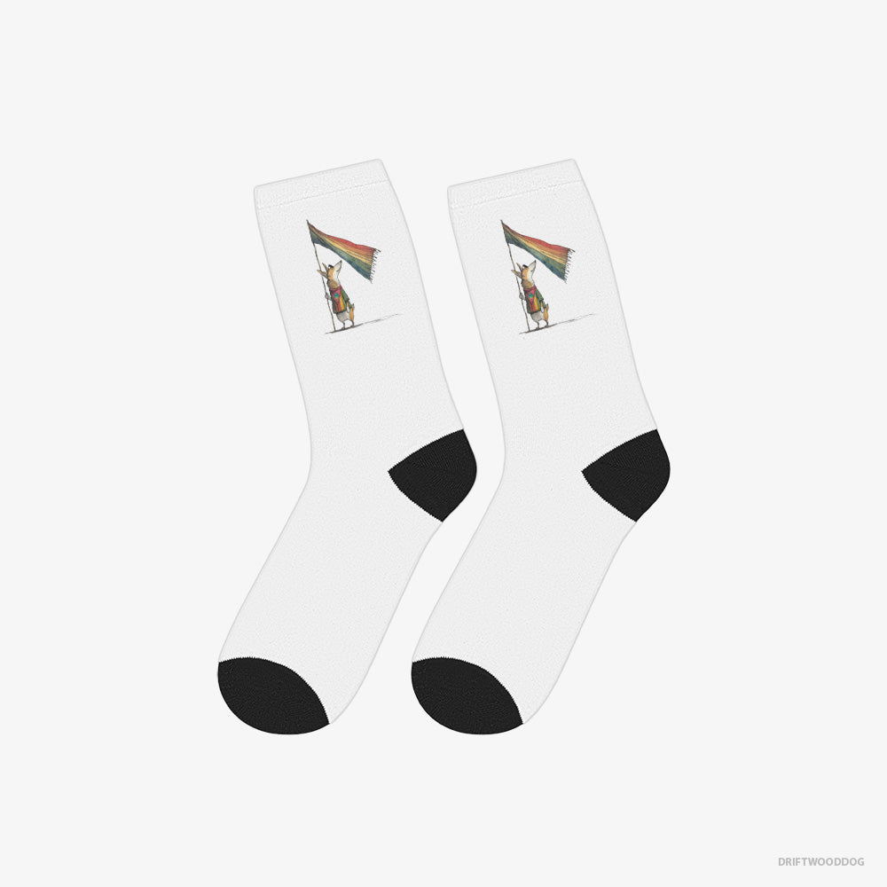 Corgi Socks – Unisex White Socks Classic – with an LGBTQ+ Flag (on White Background)