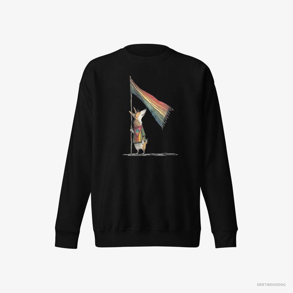 Corgi Sweatshirt – Women Black Sweatshirt Eco-Friendly – with an LGBTQ+ Flag (on White Background)