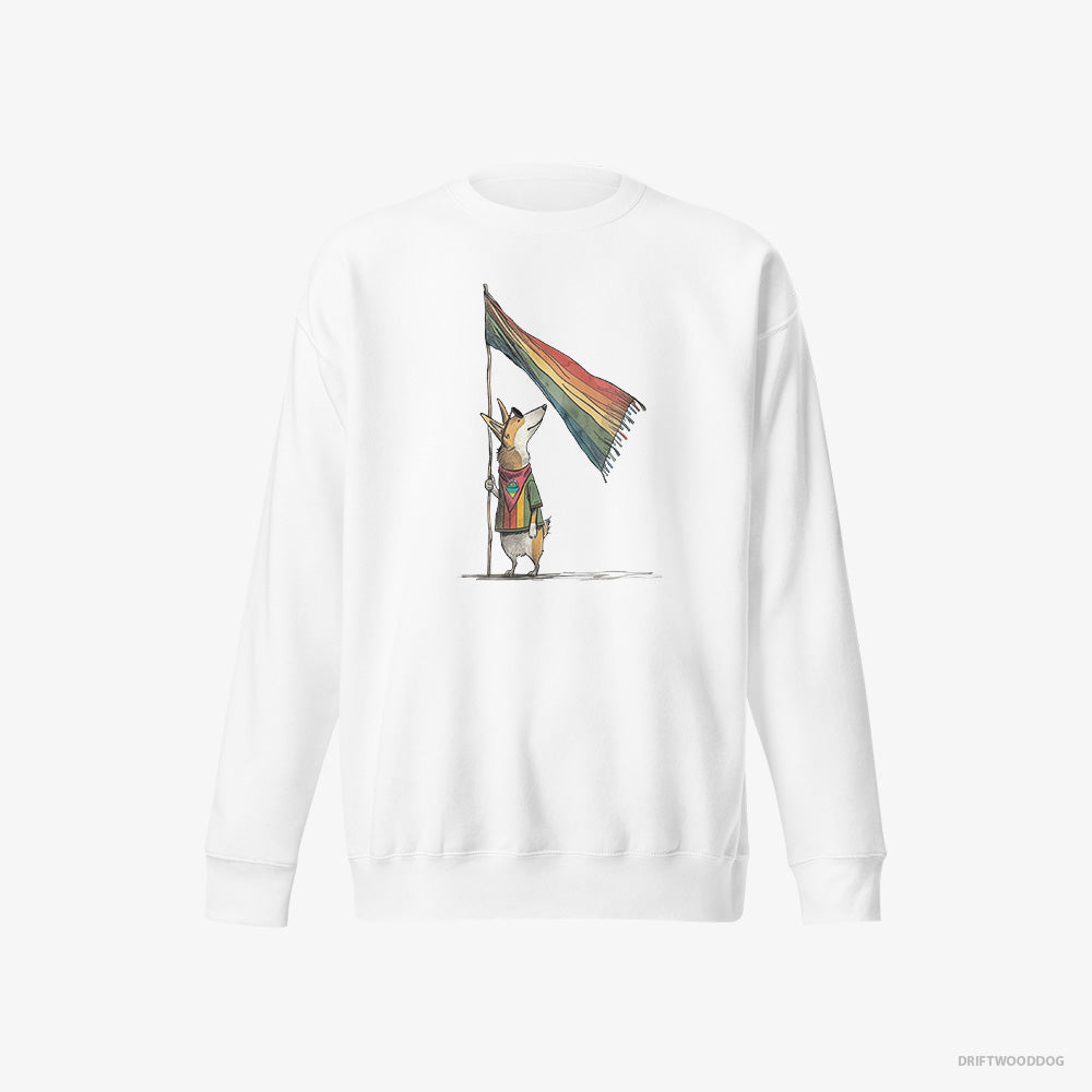 Corgi Sweatshirt – Men White Sweatshirt Eco-Friendly – with an LGBTQ+ Flag (on White Background)