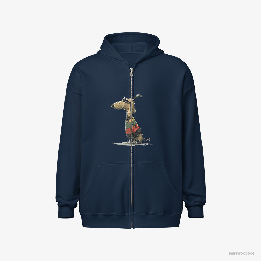 Dachshund Hoodie – Men Navy Hoodie Full-Zip – Dressed in Rainbow-themed Outfit (on White Background)