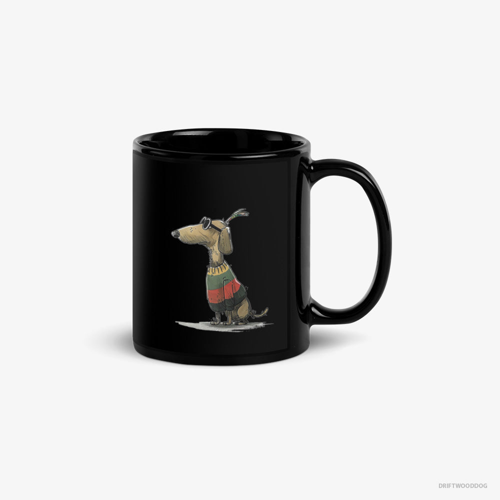 Dachshund Mug – Unisex Black Mug Classic – Dressed in Rainbow-themed Outfit (on White Background)