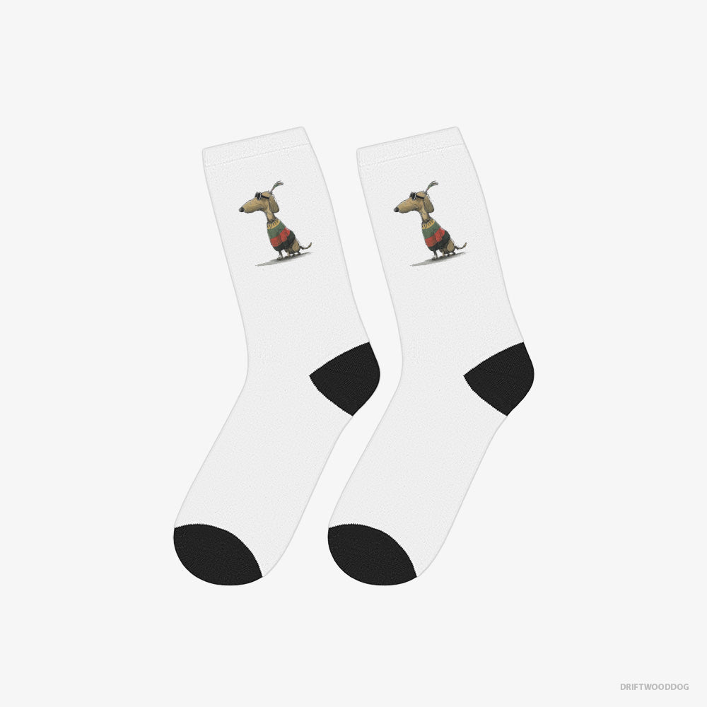 Dachshund Socks – Unisex White Socks Classic – Dressed in Rainbow-themed Outfit (on White Background)