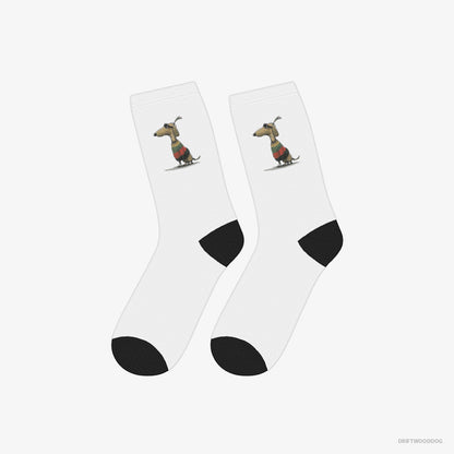 Dachshund Socks – Unisex White Socks Classic – Dressed in Rainbow-themed Outfit (on White Background)