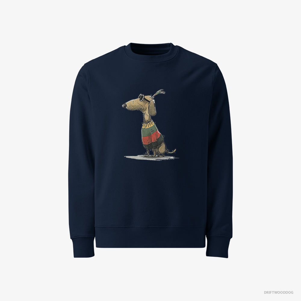 Dachshund Sweatshirt – Men Navy Sweatshirt Classic – Dressed in Rainbow-themed Outfit (on White Background)