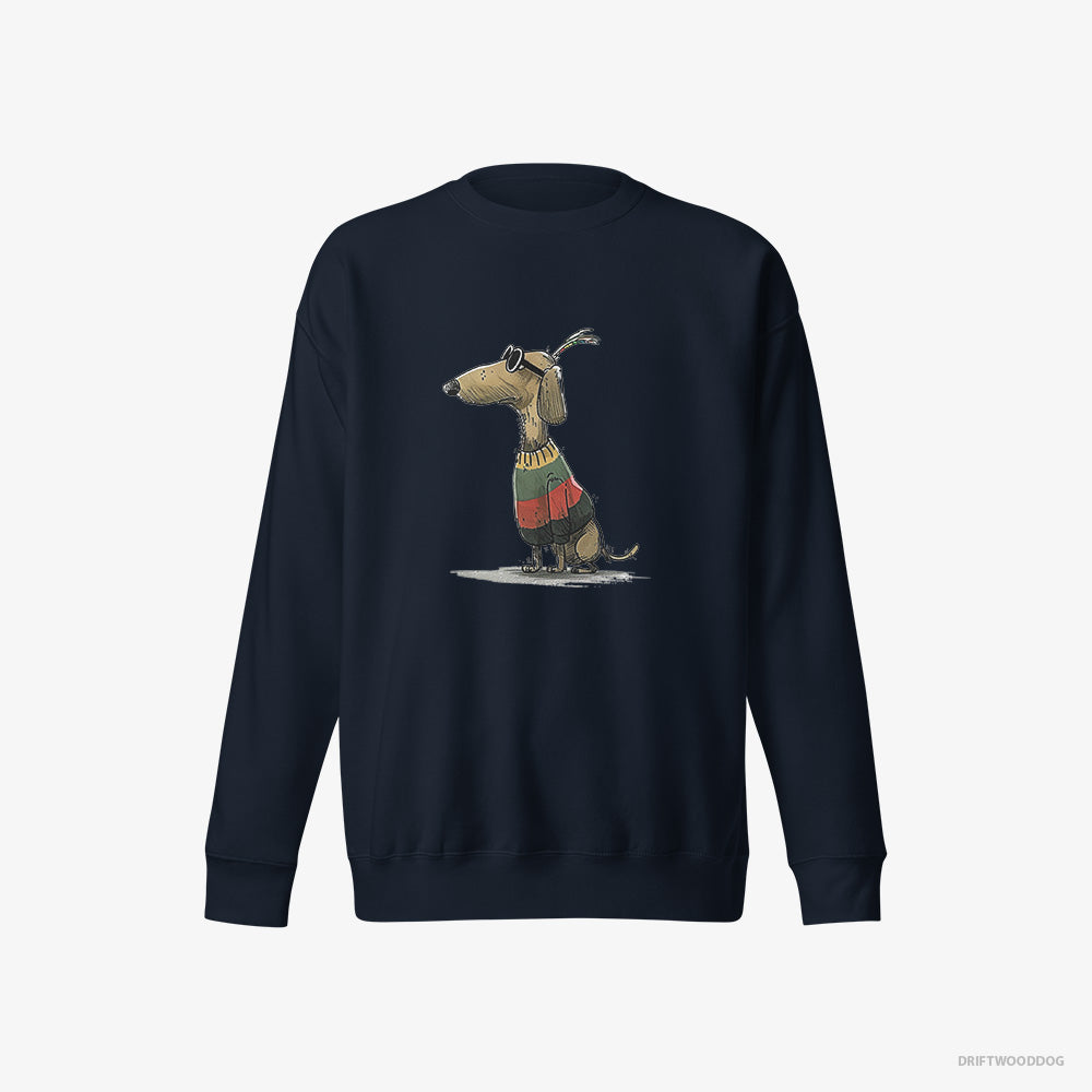 Dachshund Sweatshirt – Men Navy Sweatshirt Eco-Friendly – Dressed in Rainbow-themed Outfit (on White Background)