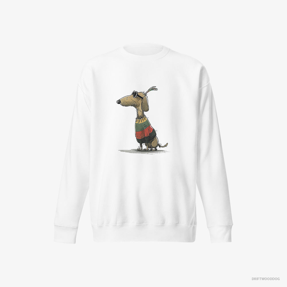 Dachshund Sweatshirt – Men White Sweatshirt Eco-Friendly – Dressed in Rainbow-themed Outfit (on White Background)