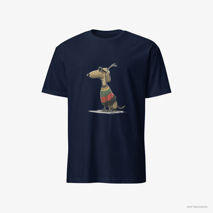 Dachshund T-Shirt – Men Navy T-Shirt Classic – Dressed in Rainbow-themed Outfit (on White Background)