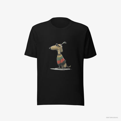 Dachshund T-Shirt – Men Black T-Shirt Eco-Friendly – Dressed in Rainbow-themed Outfit (on White Background)