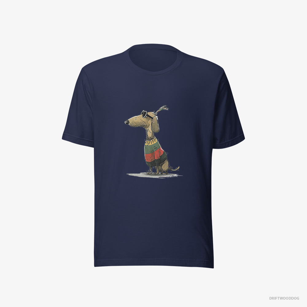 Dachshund T-Shirt – Women Navy T-Shirt Eco-Friendly – Dressed in Rainbow-themed Outfit (on White Background)