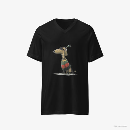 Dachshund T-Shirt – Men Black T-Shirt V-Neck – Dressed in Rainbow-themed Outfit (on White Background)