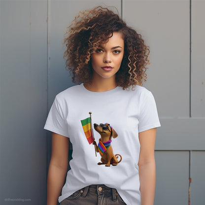 Dachshund Holding LGBTQ+ Flag T-Shirt – Dog T-Shirt for Women