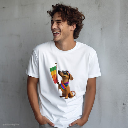 Dachshund Holding LGBTQ+ Flag T-Shirt – Dog T-Shirt for Men