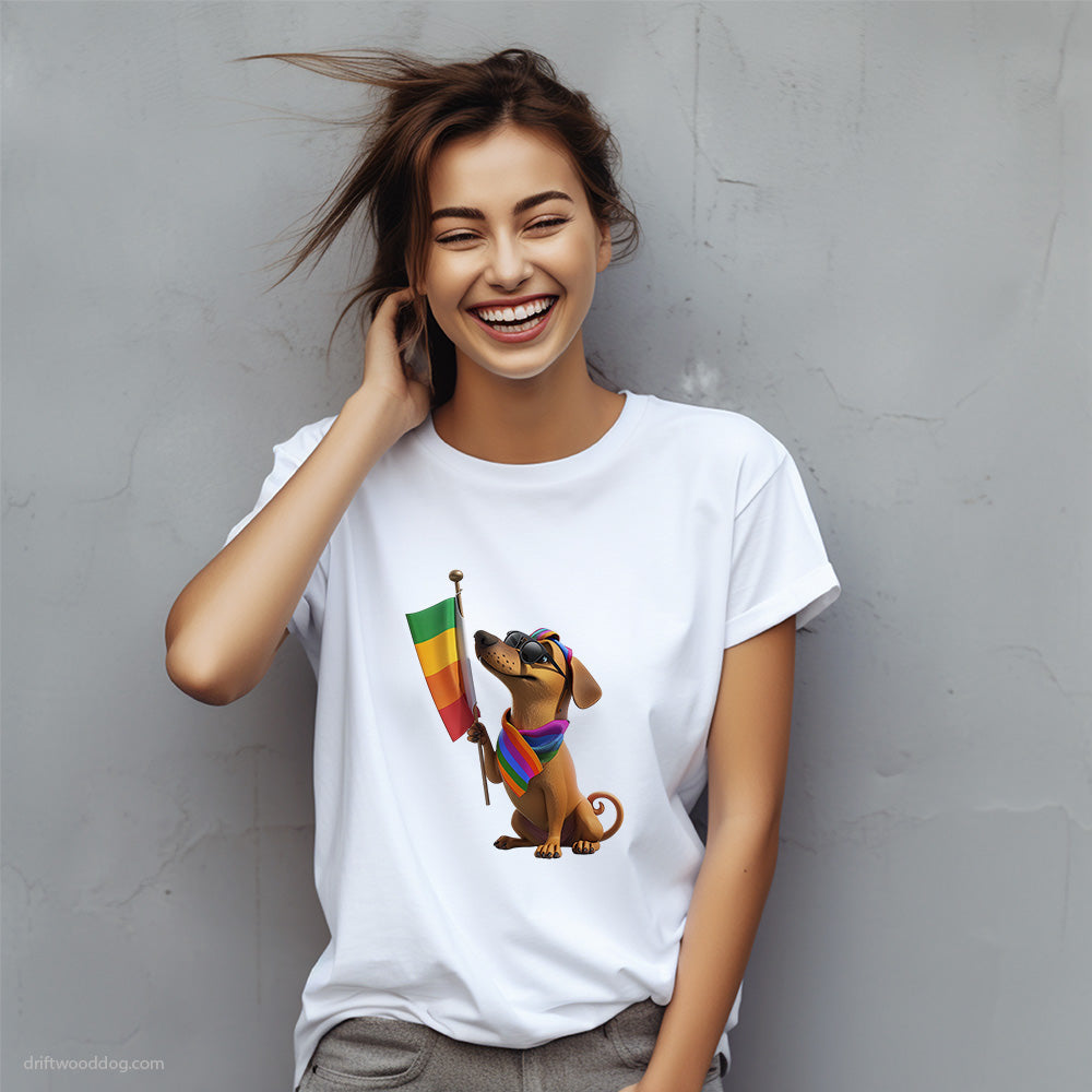 Dachshund Holding LGBTQ+ Flag T-Shirt – Custom Dog T-Shirts for Women