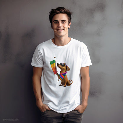 Dachshund Holding LGBTQ+ Flag T-Shirt – Dog Graphic Tee for Men