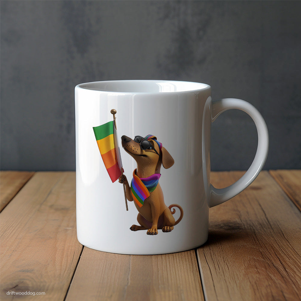 Dachshund Holding LGBTQ+ Flag Mug – Unique Dog Cups | Dog-Themed Mugs