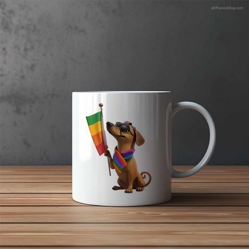 Dachshund Holding LGBTQ+ Flag Mug – Funny Dog Coffee Mugs | Quirky Canine Drinkware