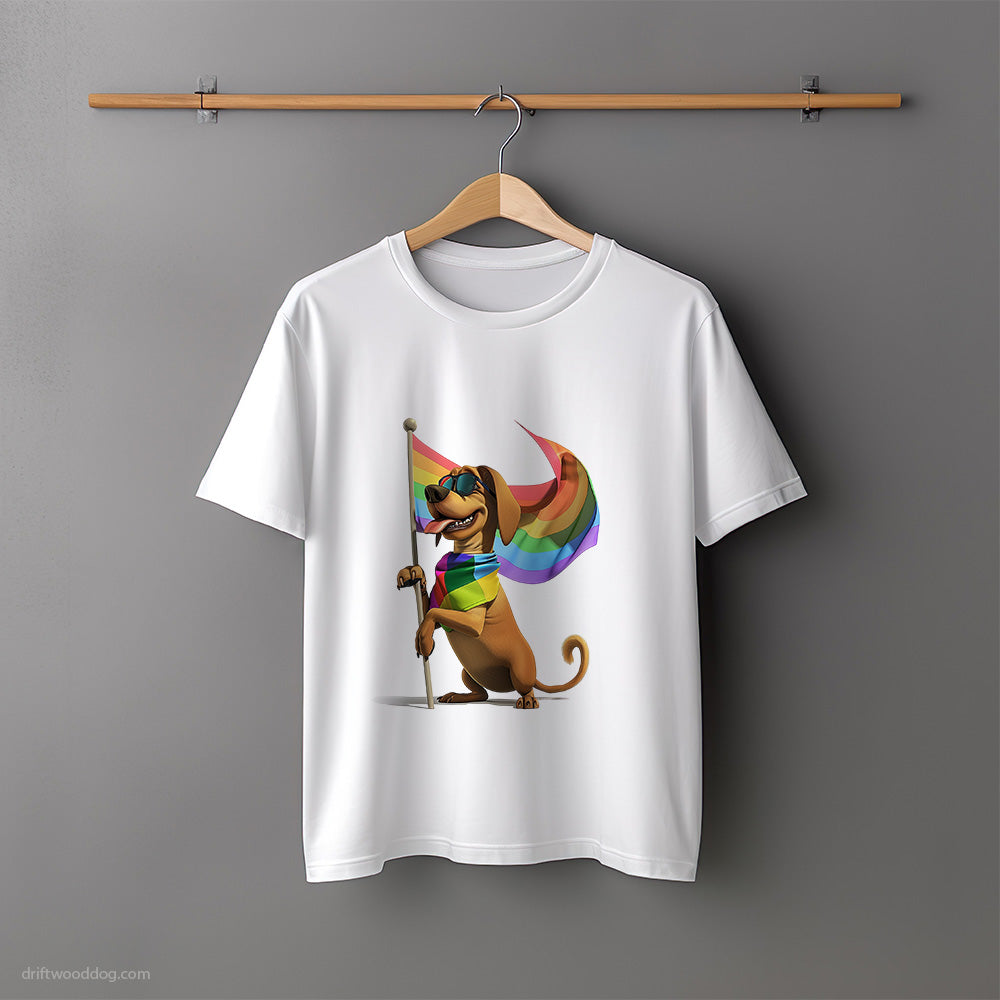 Dachshund Holding Pride Flag T-Shirt – Unisex Tee for Dog Lovers