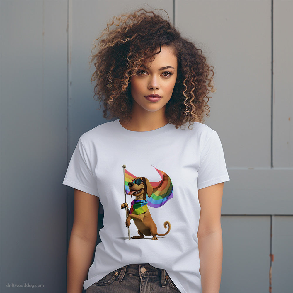 Dachshund Holding Pride Flag T-Shirt – Dog T-Shirt for Women