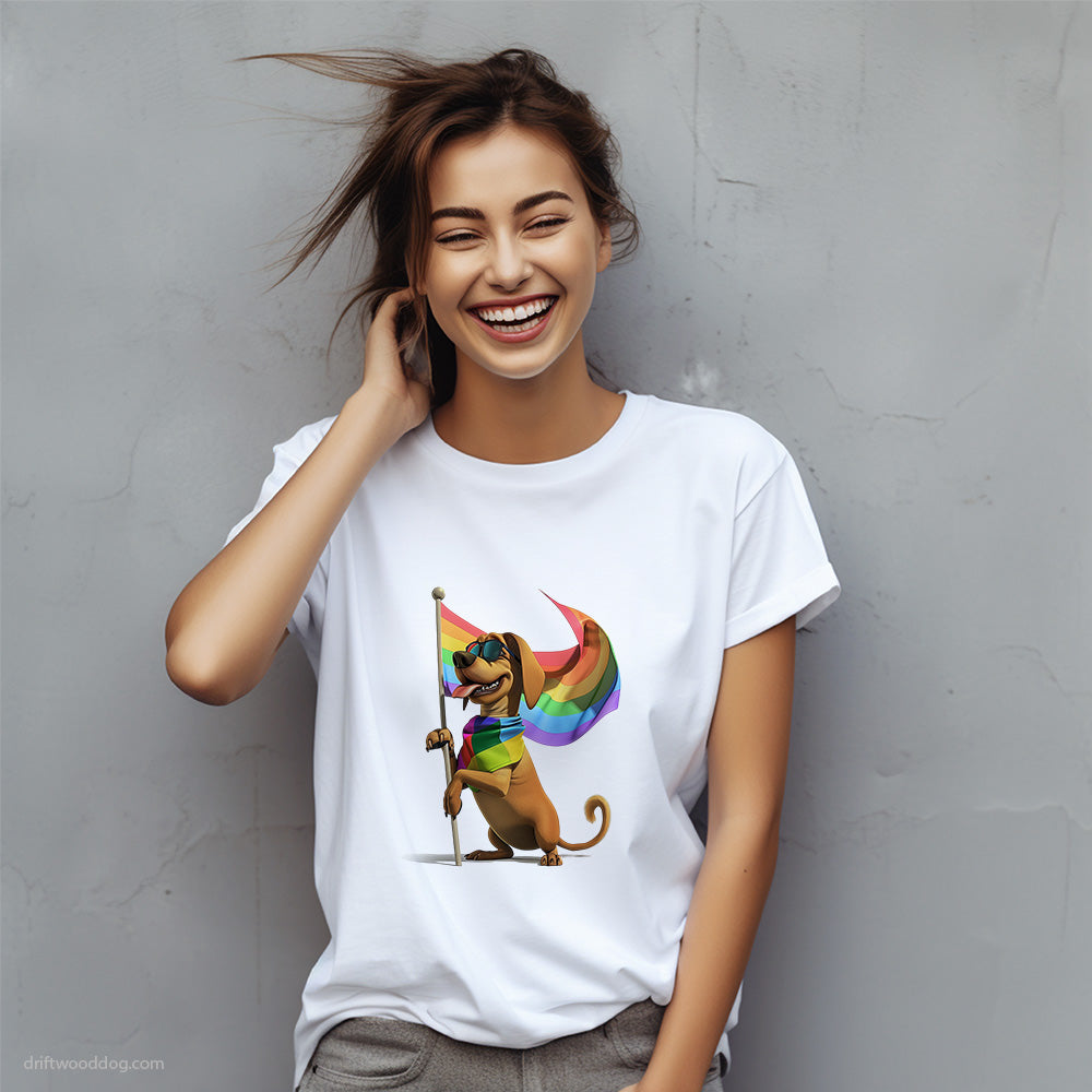 Dachshund Holding Pride Flag T-Shirt – Custom Dog T-Shirts for Women