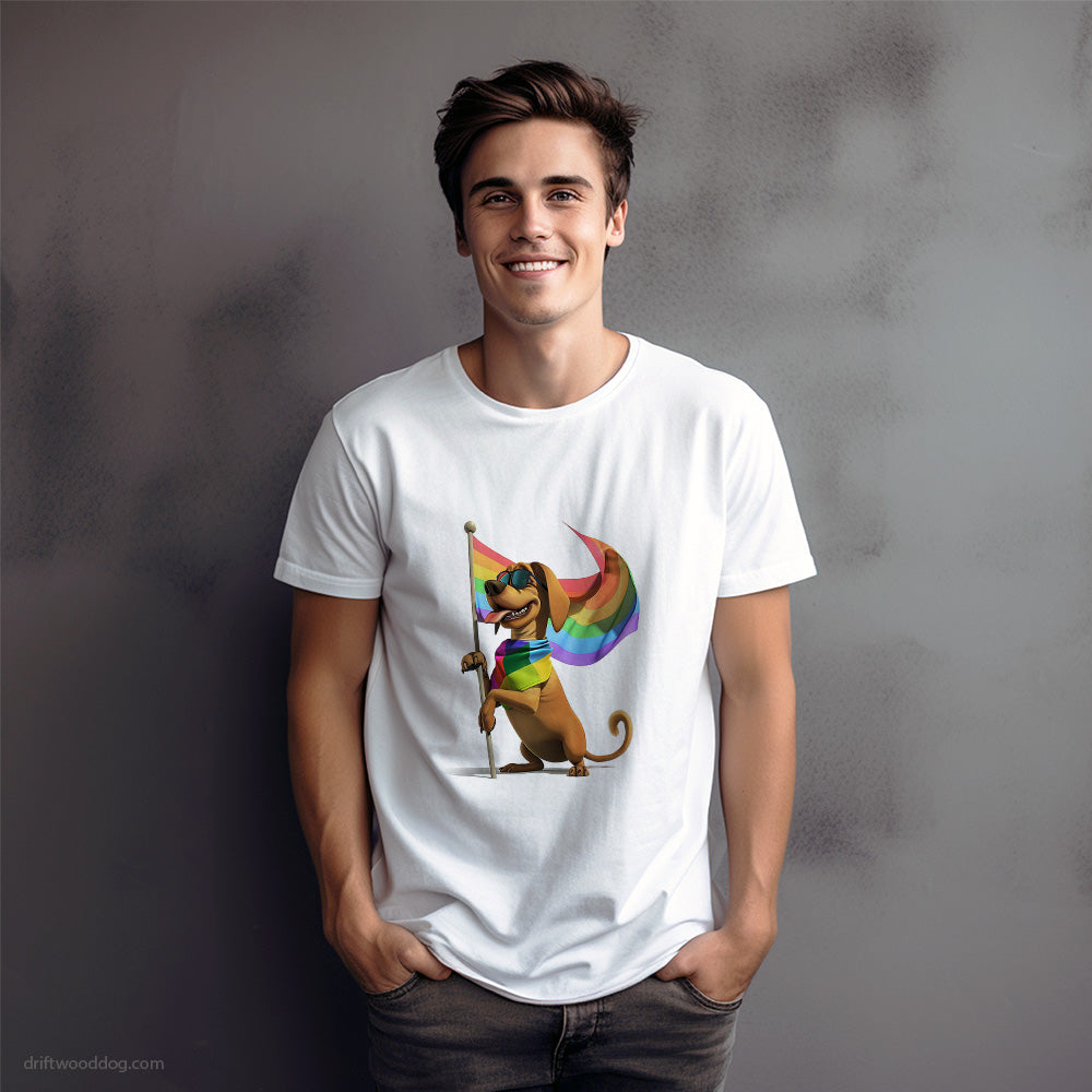 Dachshund Holding Pride Flag T-Shirt – Dog Graphic Tee for Men