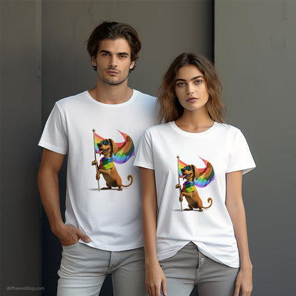 Dachshund Holding Pride Flag T-Shirt – Dog-Themed Gifts for Dog Lovers