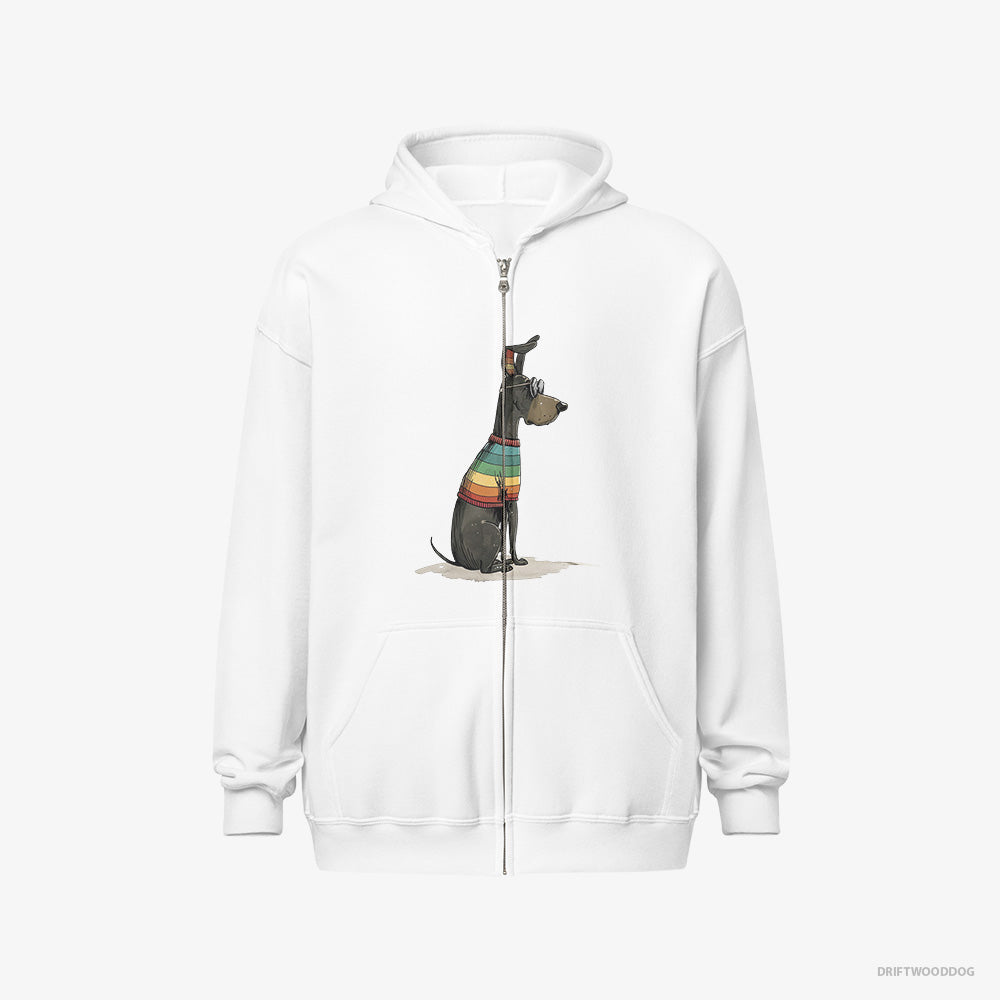 Dobermann Hoodie – Men White Hoodie Full-Zip – All Set for Pride (on White Background)