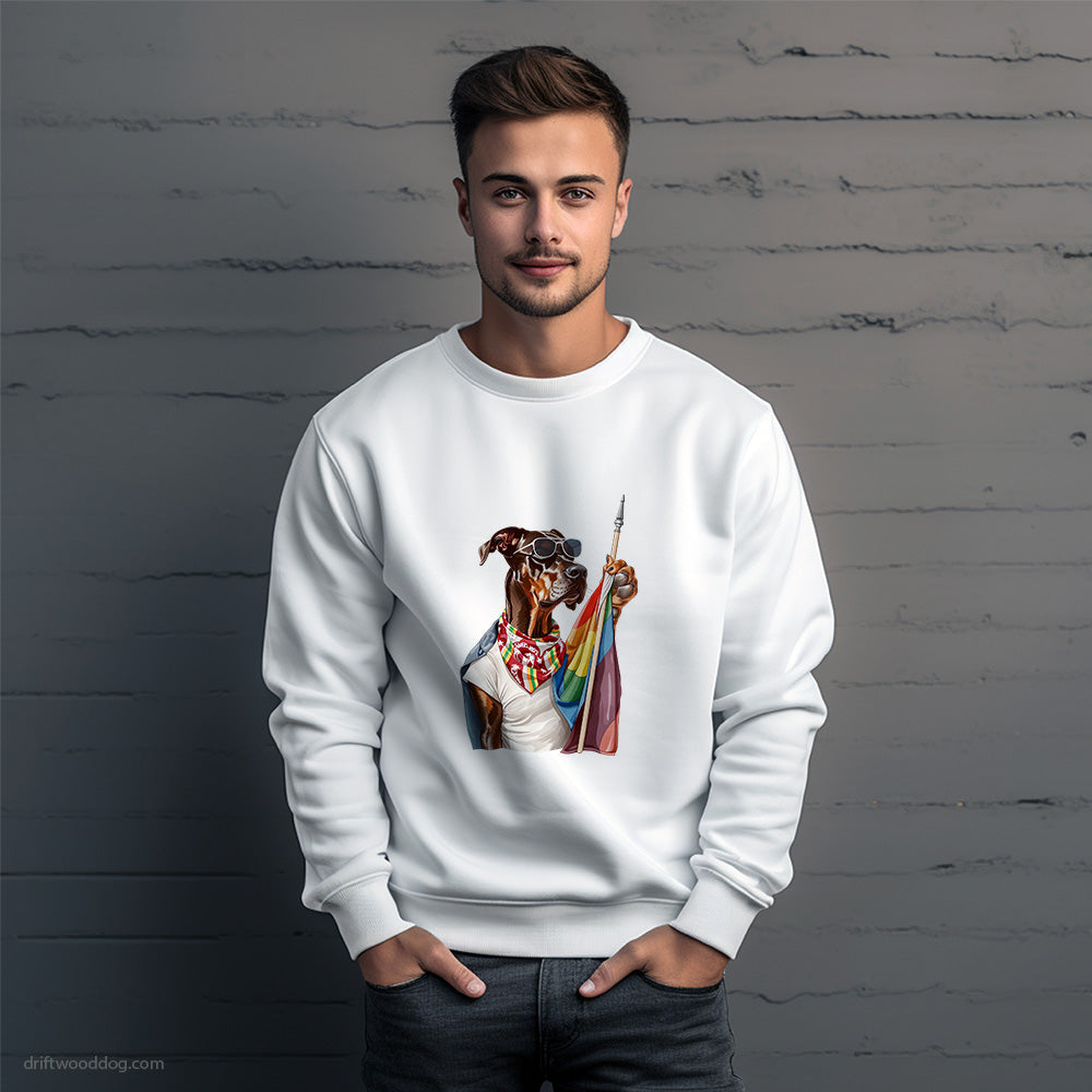 Dobermann Waving LGBTQ+ Flag Sweatshirt – Unique Dog Sweatshirt for Men