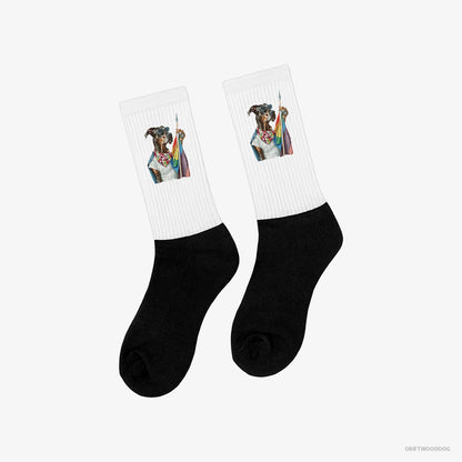 Dobermann Waving LGBTQ+ Flag White and Black Socks