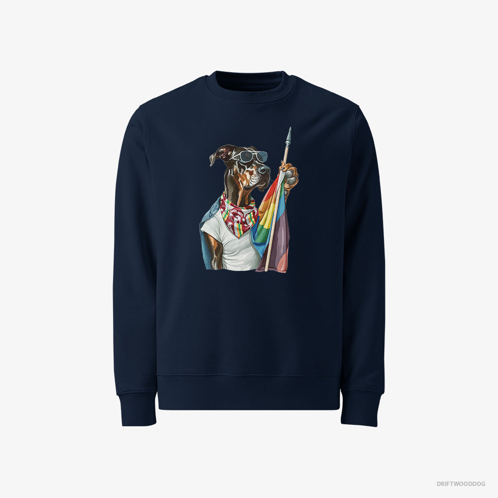 Dobermann Sweatshirt – Men Navy Sweatshirt Classic – Waving LGBTQ+ Flag (on White Background)