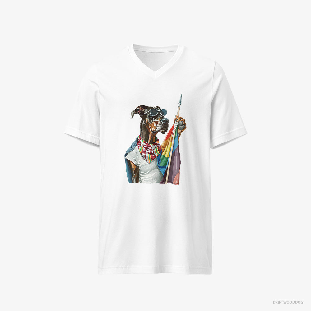 Dobermann Waving LGBTQ+ Flag V-Neck T-Shirt