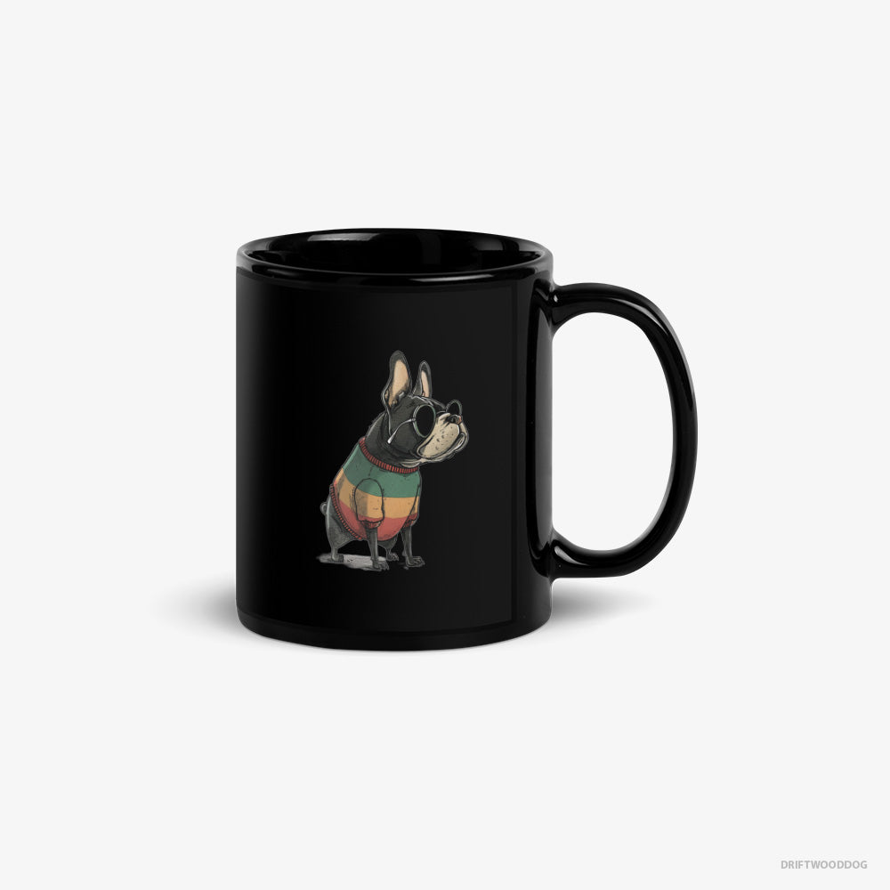 French Bulldog Mug – Unisex Black Mug Classic – Wearing Rainbow Outfit (on White Background)