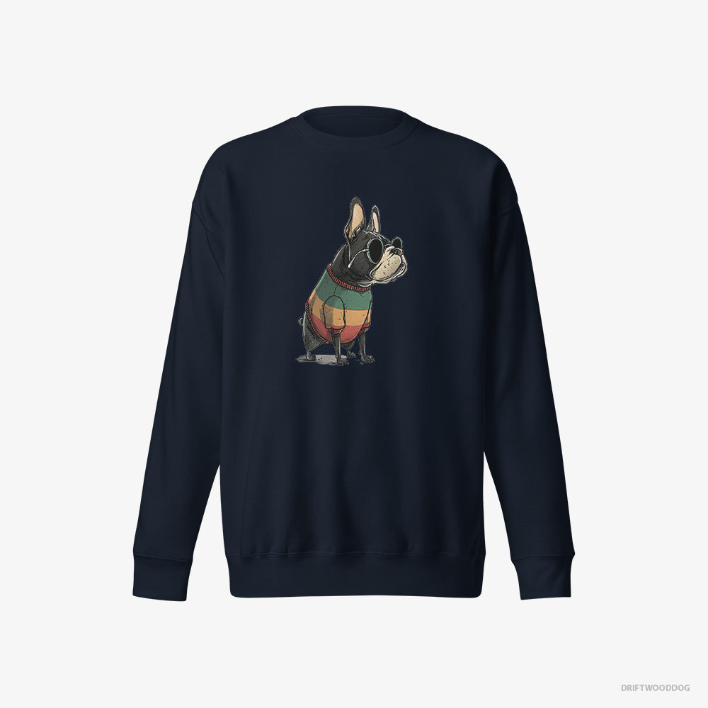 French Bulldog Sweatshirt – Women Navy Sweatshirt Eco-Friendly – Wearing Rainbow Outfit (on White Background)