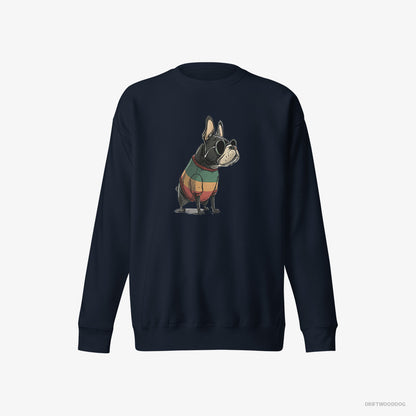 French Bulldog Sweatshirt – Men Navy Sweatshirt Eco-Friendly – Wearing Rainbow Outfit (on White Background)