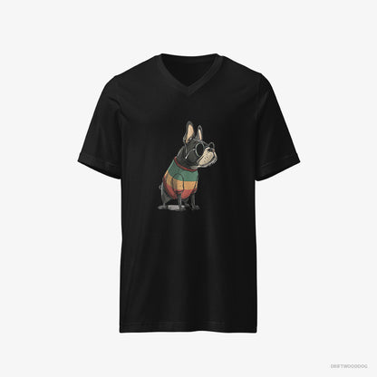 French Bulldog T-Shirt – Men Black T-Shirt V-Neck – Wearing Rainbow Outfit (on White Background)