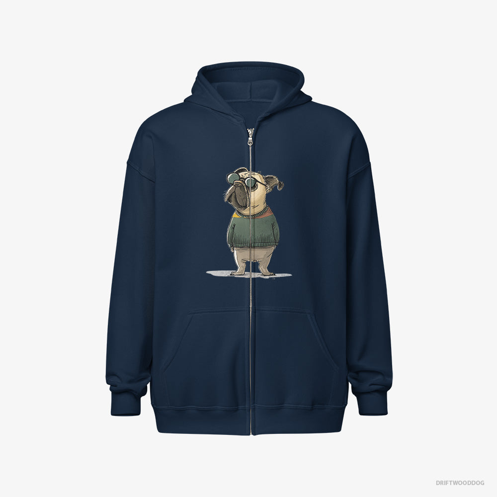 French Bulldog Hoodie – Men Navy Hoodie Full-Zip – Wearing Sunglasses (on White Background)