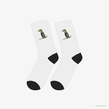 Golden Retriever Socks – Unisex White Socks Classic – Wearing Rainbow Outfit (on White Background)