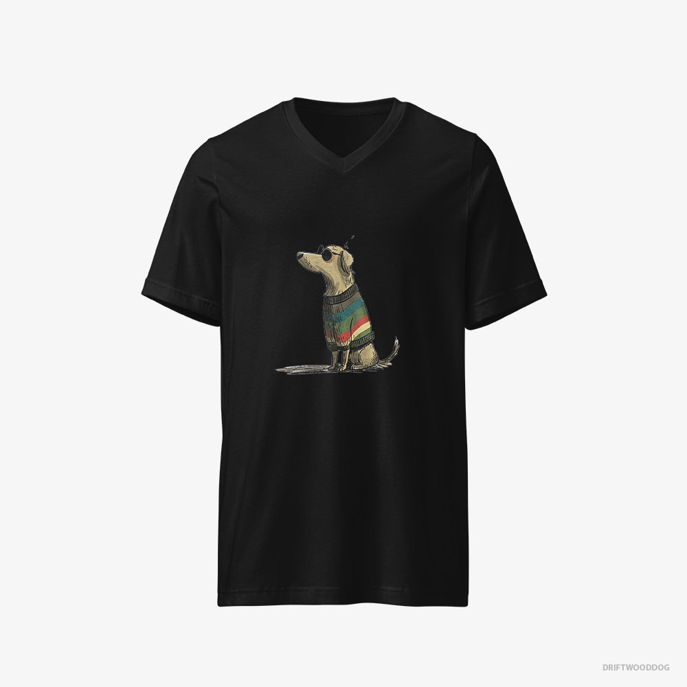 Golden Retriever T-Shirt – Men Black T-Shirt V-Neck – Wearing Rainbow Outfit (on White Background)