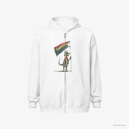 Poodle Hoodie – Women White Hoodie Full-Zip – Holding LGBTQ+ Flag (on White Background)