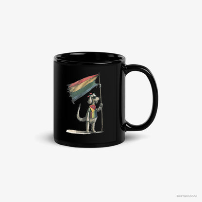 Poodle Mug – Unisex Black Mug Classic – Holding LGBTQ+ Flag (on White Background)