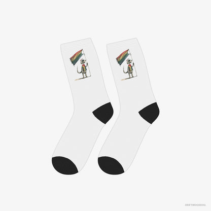 Poodle Socks – Unisex White Socks Classic – Holding LGBTQ+ Flag (on White Background)