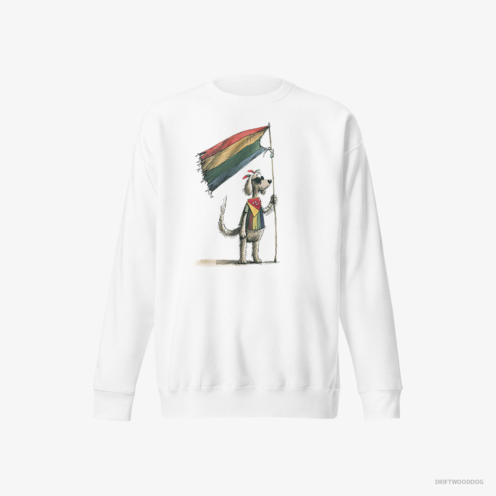 Poodle Sweatshirt – Men White Sweatshirt Eco-Friendly – Holding LGBTQ+ Flag (on White Background)