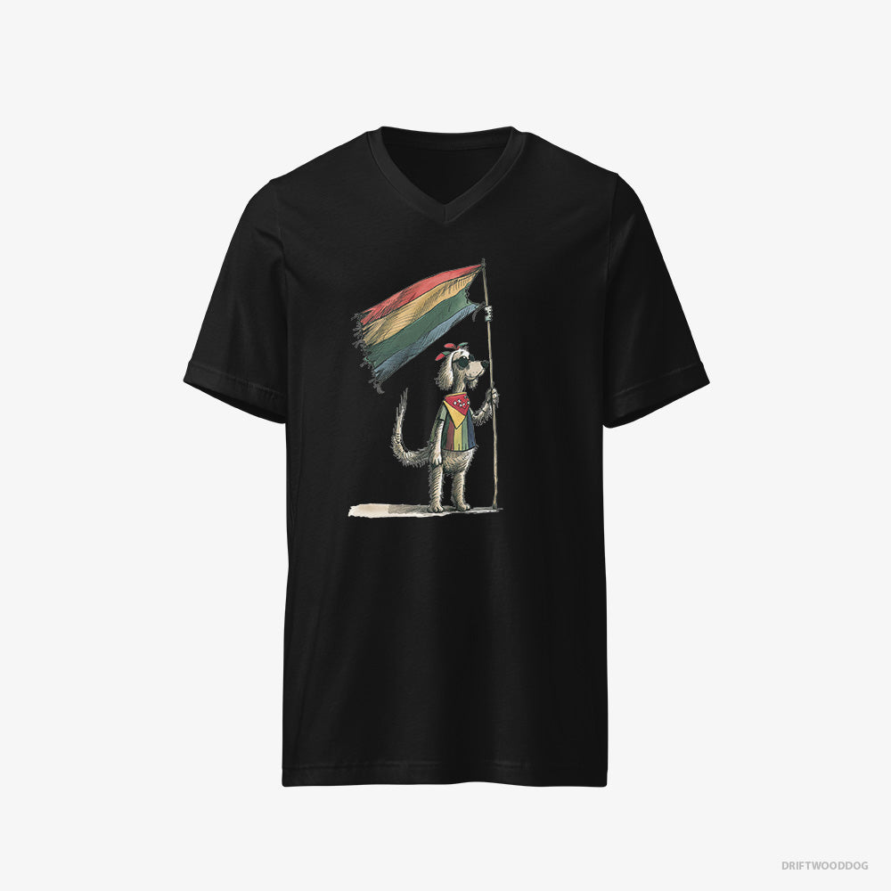 Poodle T-Shirt – Men Black T-Shirt V-Neck – Holding LGBTQ+ Flag (on White Background)