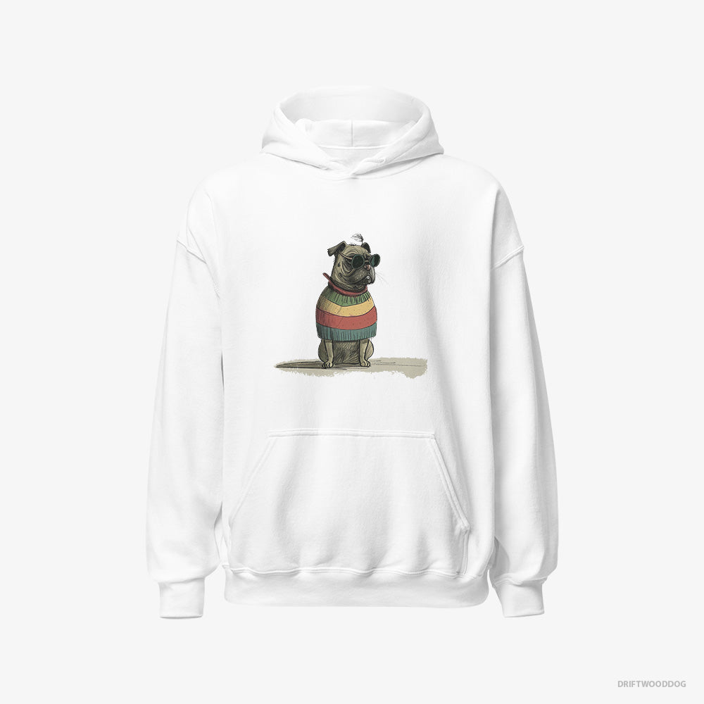 Pug Hoodie – Men White Hoodie Classic – Wearing Rainbow Outfit (on White Background)