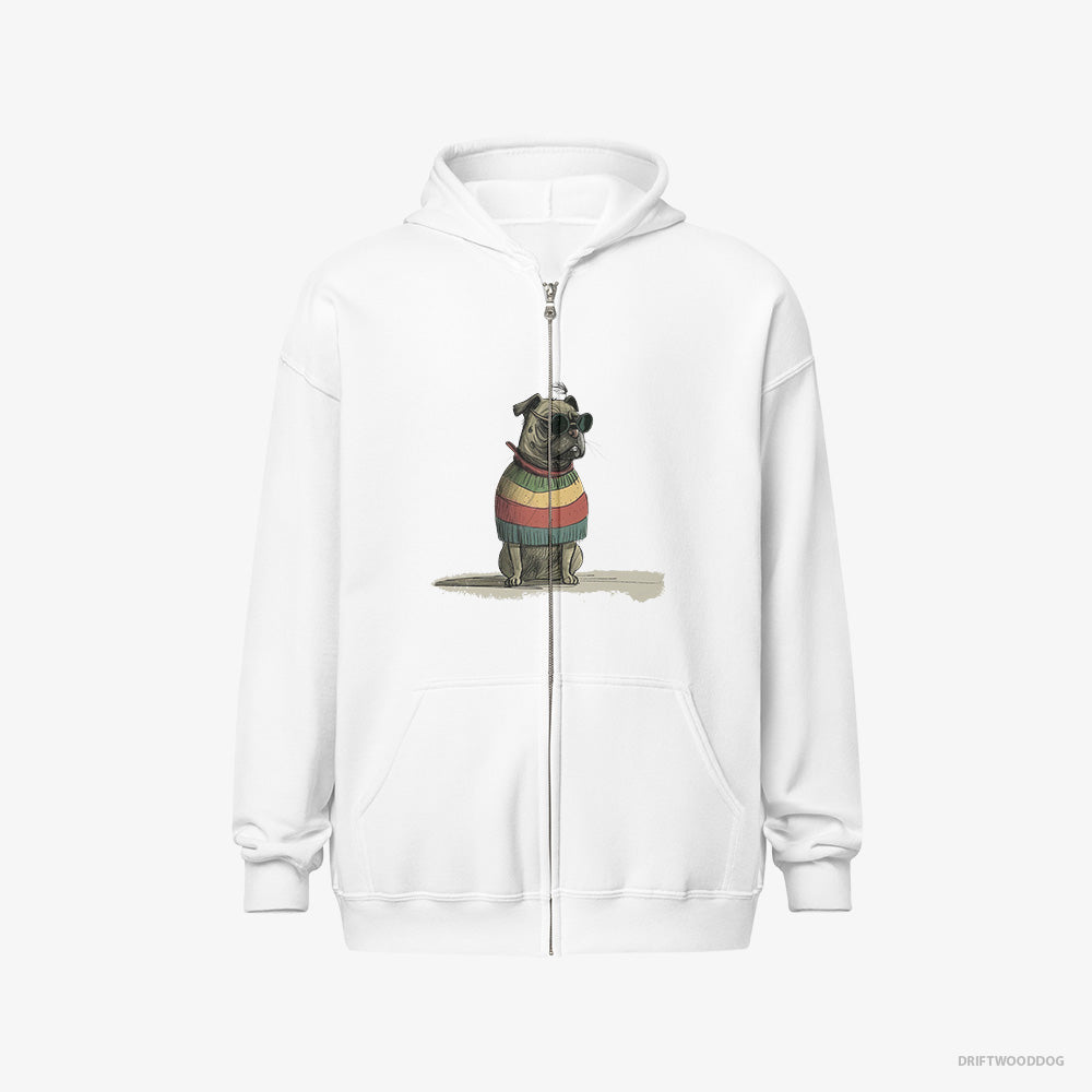 Pug Hoodie – Men White Hoodie Full-Zip – Wearing Rainbow Outfit (on White Background)