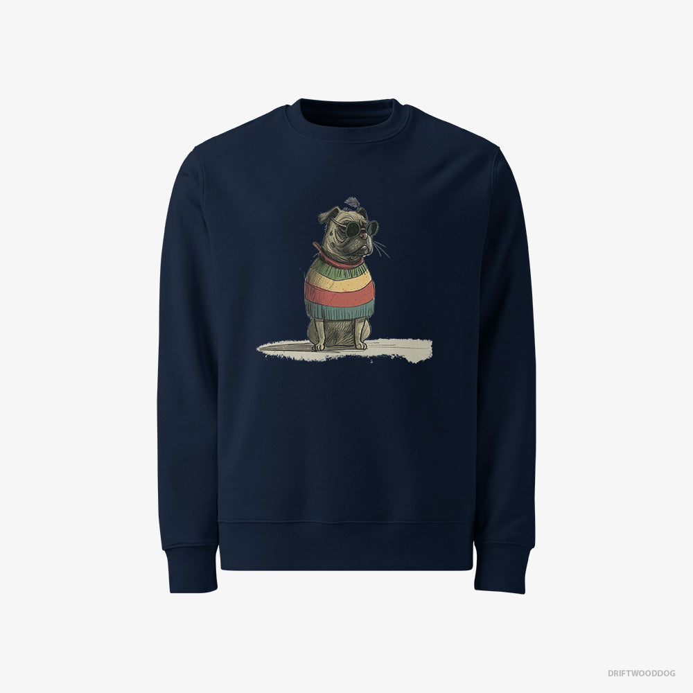 Pug Sweatshirt – Men Navy Sweatshirt Classic – Wearing Rainbow Outfit (on White Background)